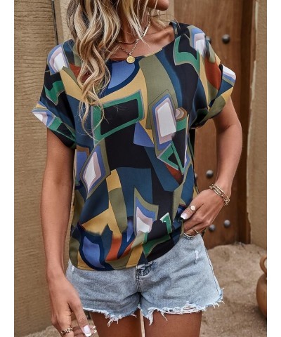 Women's Casual Crewneck Short Sleeve Satin Blouse Bat Wing Sleeve Solid Top Z Multicolor $10.08 Blouses