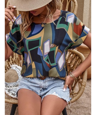 Women's Casual Crewneck Short Sleeve Satin Blouse Bat Wing Sleeve Solid Top Z Multicolor $10.08 Blouses