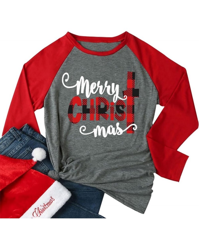 Merry Christmas Tee Shirts Women Christmas Tee Shirts Tops Letter Print Long Sleeve Raglan Baseball Tee Shirts Gray $11.52 T-...