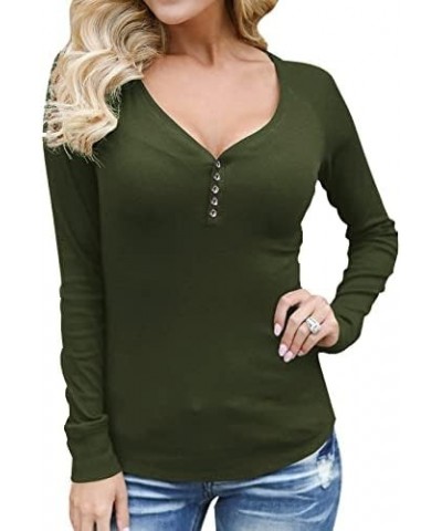 Women's Long Sleeve Fitted T-Shirts V Neck Knit Ribbed Henley Shirt Tops Army Green $14.49 Tops