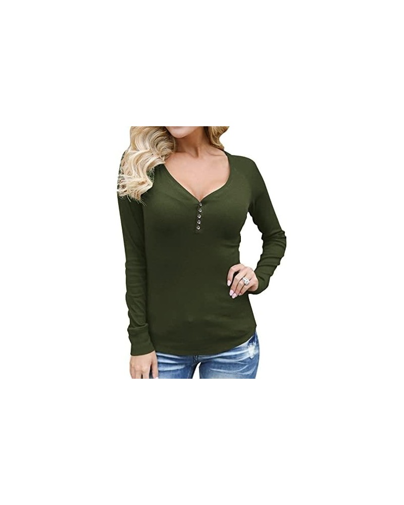 Women's Long Sleeve Fitted T-Shirts V Neck Knit Ribbed Henley Shirt Tops Army Green $14.49 Tops