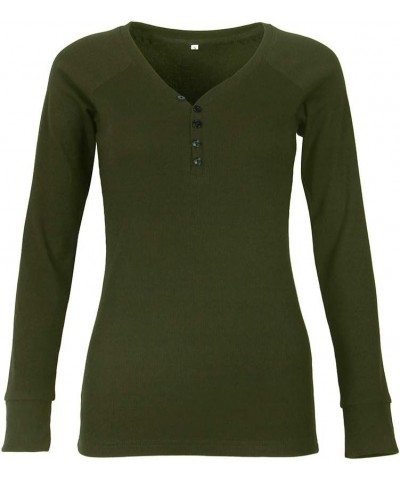 Women's Long Sleeve Fitted T-Shirts V Neck Knit Ribbed Henley Shirt Tops Army Green $14.49 Tops