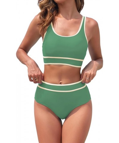 Womens Two Piece High Waisted Swimsuits Sports Color Block Bikini Sets Full Coverage Bathing Suits for Teens Girls Green $17....