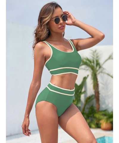 Womens Two Piece High Waisted Swimsuits Sports Color Block Bikini Sets Full Coverage Bathing Suits for Teens Girls Green $17....