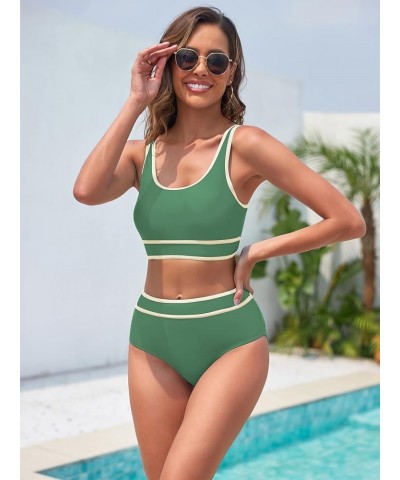 Womens Two Piece High Waisted Swimsuits Sports Color Block Bikini Sets Full Coverage Bathing Suits for Teens Girls Green $17....