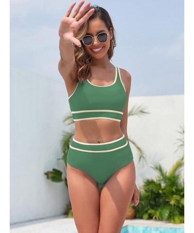 Womens Two Piece High Waisted Swimsuits Sports Color Block Bikini Sets Full Coverage Bathing Suits for Teens Girls Green $17....