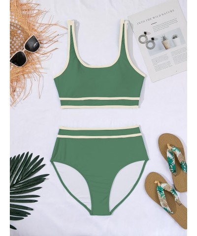 Womens Two Piece High Waisted Swimsuits Sports Color Block Bikini Sets Full Coverage Bathing Suits for Teens Girls Green $17....