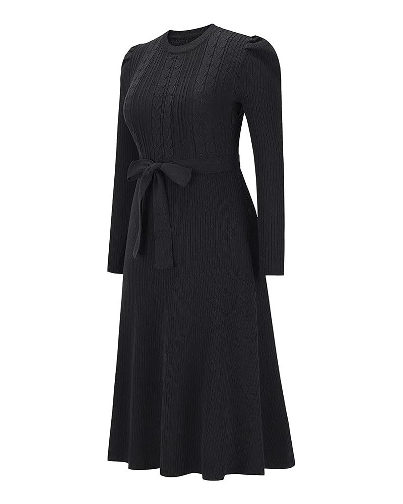 Women's Crewneck Long Sleeve Knit Long dress Elasticity Slim Fit Sweater Dress Pure color belt autumn and winter Black $20.93...