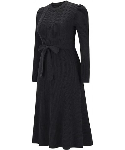 Women's Crewneck Long Sleeve Knit Long dress Elasticity Slim Fit Sweater Dress Pure color belt autumn and winter Black $20.93...