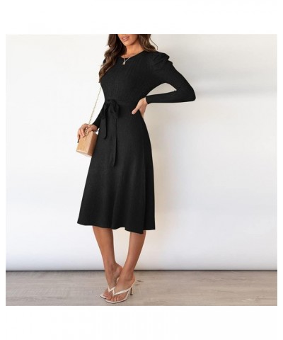 Women's Crewneck Long Sleeve Knit Long dress Elasticity Slim Fit Sweater Dress Pure color belt autumn and winter Black $20.93...