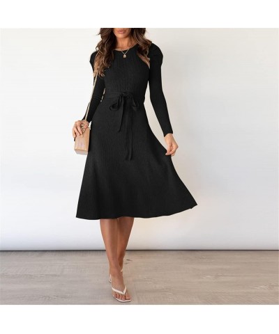 Women's Crewneck Long Sleeve Knit Long dress Elasticity Slim Fit Sweater Dress Pure color belt autumn and winter Black $20.93...