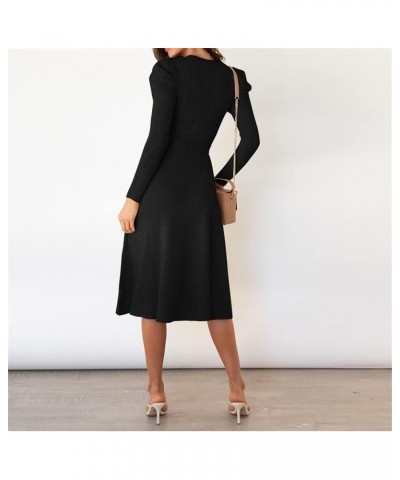 Women's Crewneck Long Sleeve Knit Long dress Elasticity Slim Fit Sweater Dress Pure color belt autumn and winter Black $20.93...