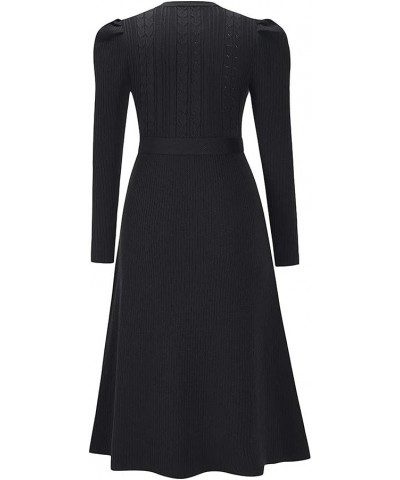 Women's Crewneck Long Sleeve Knit Long dress Elasticity Slim Fit Sweater Dress Pure color belt autumn and winter Black $20.93...