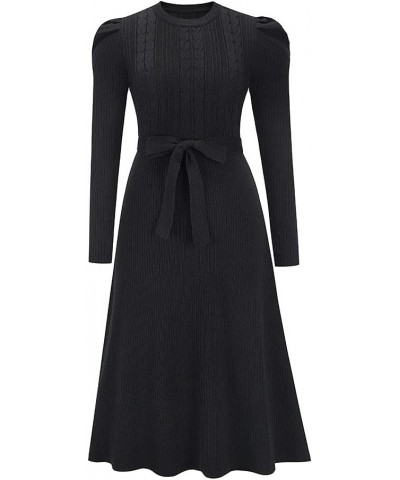 Women's Crewneck Long Sleeve Knit Long dress Elasticity Slim Fit Sweater Dress Pure color belt autumn and winter Black $20.93...