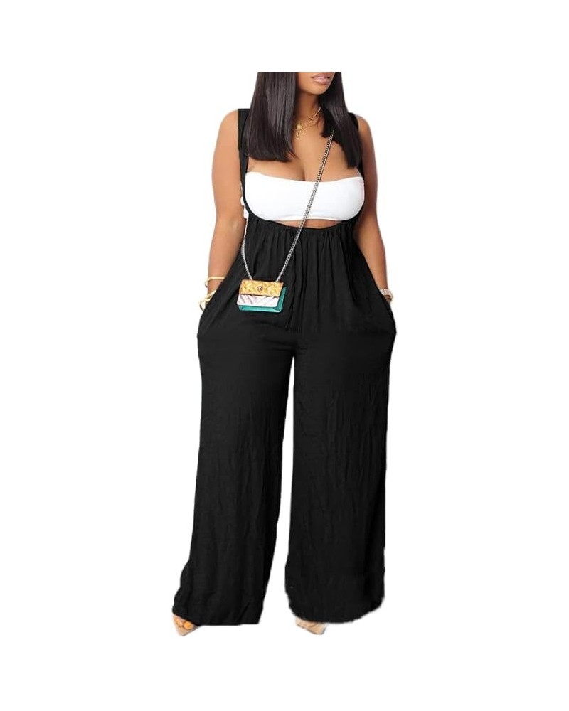 Cotton Linen Wide Leg Suspender Jumpsuits for Women Adjustable Strap Casual Comfy Baggy Overall with Pocket Black $16.32 Over...