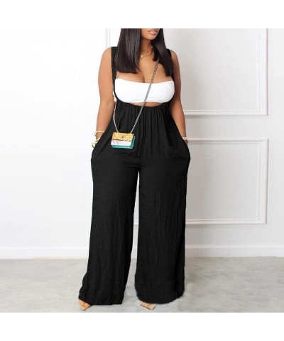 Cotton Linen Wide Leg Suspender Jumpsuits for Women Adjustable Strap Casual Comfy Baggy Overall with Pocket Black $16.32 Over...