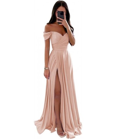 Off Shoulder Satin Bridesmaid Dresses for Wedding A Line Ruched Corset Long Formal Prom Dress for Women with Slit Rose Gold $...