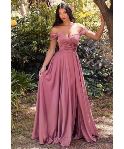 Off Shoulder Satin Bridesmaid Dresses for Wedding A Line Ruched Corset Long Formal Prom Dress for Women with Slit Rose Gold $...