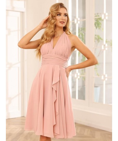 Halter Short Bridesmaid Dresses with Pockets 2023 Ruched A-Line Chiffon Formal Cocktail Party Dresses YO052 White $32.99 Dresses