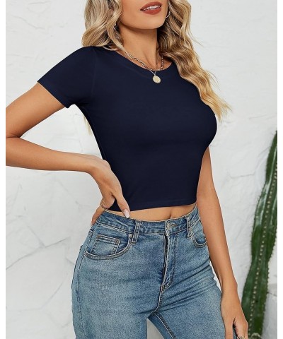 2 Pack Women's Short Sleeve Crop Tops, Long Sleeve Basic Round Neck Workout Sets Slim Fit Cropped Top Tight T Shirt Dark Blue...