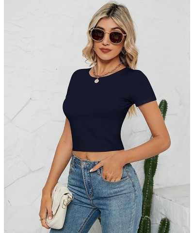 2 Pack Women's Short Sleeve Crop Tops, Long Sleeve Basic Round Neck Workout Sets Slim Fit Cropped Top Tight T Shirt Dark Blue...