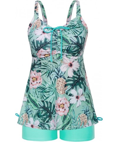 Plus Size Tankini Swimsuits for Women Two Piece Swim Top Shorts Tummy Control Bathing Suits Pink Flowers ＆ Green Leaf $18.45 ...