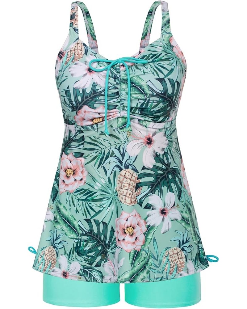 Plus Size Tankini Swimsuits for Women Two Piece Swim Top Shorts Tummy Control Bathing Suits Pink Flowers ＆ Green Leaf $18.45 ...