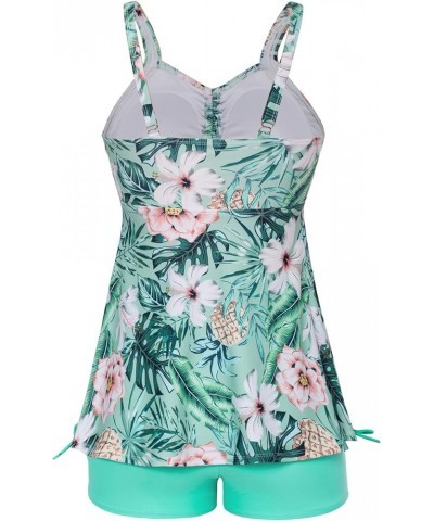 Plus Size Tankini Swimsuits for Women Two Piece Swim Top Shorts Tummy Control Bathing Suits Pink Flowers ＆ Green Leaf $18.45 ...