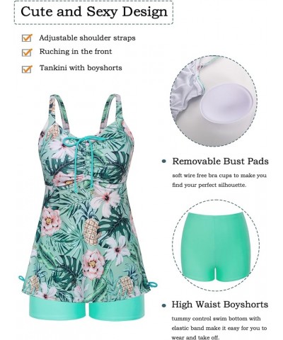 Plus Size Tankini Swimsuits for Women Two Piece Swim Top Shorts Tummy Control Bathing Suits Pink Flowers ＆ Green Leaf $18.45 ...