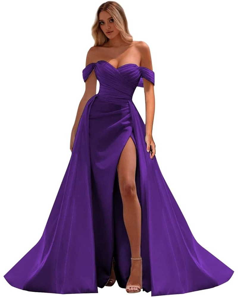 Off Shoulder Pleated Prom Dresses Long with Slit Wrap Mermaid Evening Ball Gowns with Train YG277 Purple $30.10 Dresses