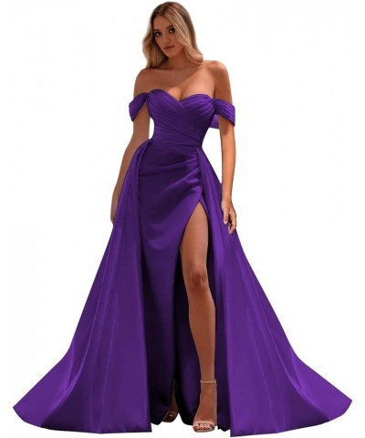 Off Shoulder Pleated Prom Dresses Long with Slit Wrap Mermaid Evening Ball Gowns with Train YG277 Purple $30.10 Dresses