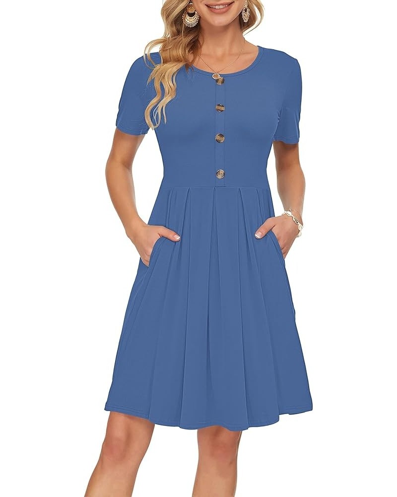 Womens Short Sleeve Mini Dresses Pleated Ruffle A Line with Button 03-beja Blue $17.20 Dresses