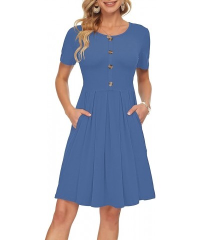 Womens Short Sleeve Mini Dresses Pleated Ruffle A Line with Button 03-beja Blue $17.20 Dresses