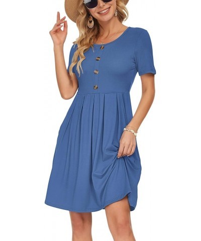 Womens Short Sleeve Mini Dresses Pleated Ruffle A Line with Button 03-beja Blue $17.20 Dresses