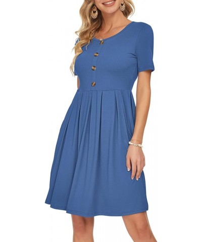 Womens Short Sleeve Mini Dresses Pleated Ruffle A Line with Button 03-beja Blue $17.20 Dresses