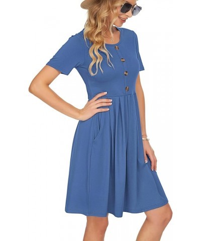 Womens Short Sleeve Mini Dresses Pleated Ruffle A Line with Button 03-beja Blue $17.20 Dresses