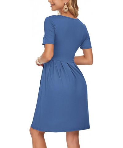 Womens Short Sleeve Mini Dresses Pleated Ruffle A Line with Button 03-beja Blue $17.20 Dresses