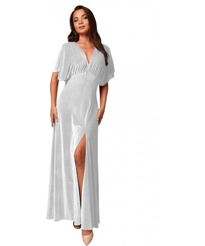 Deep V Neck Velvet Bridesmaid Dresses Short Sleeve Velvet Dress with Slit YMS304 White $42.39 Dresses