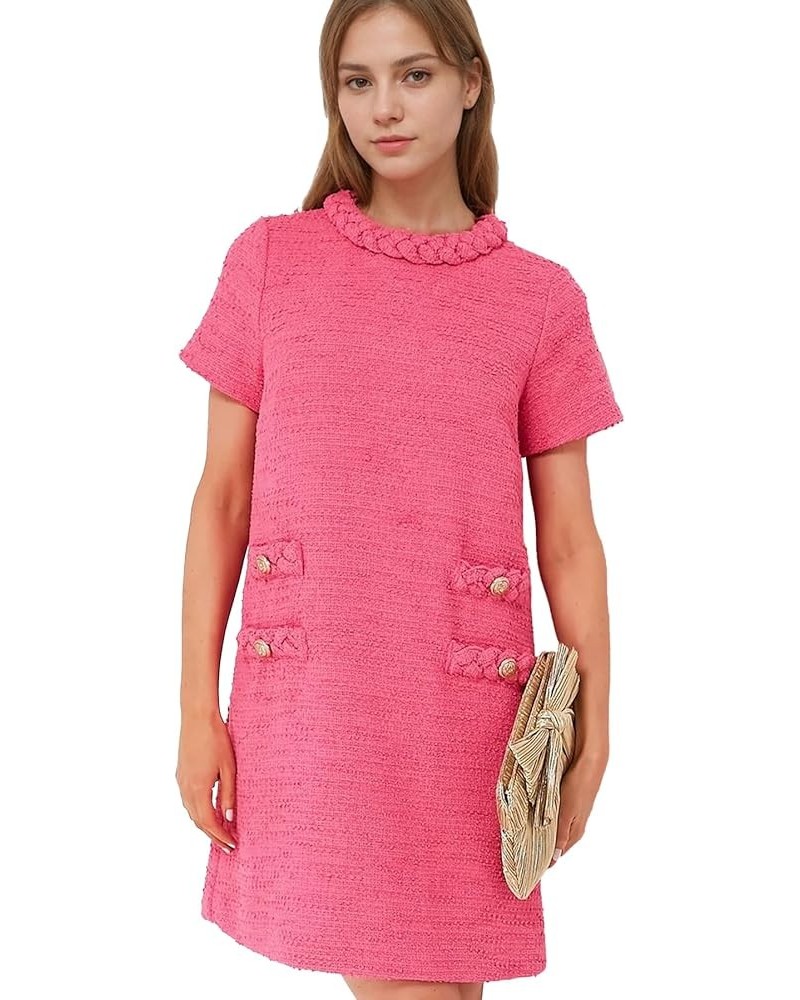 Womens Tweed Dress Elegant Vintage Short Sleeve A Line Business Mini Bodycon Skirt Casual Holiday Dresses for Women Rose Pink...