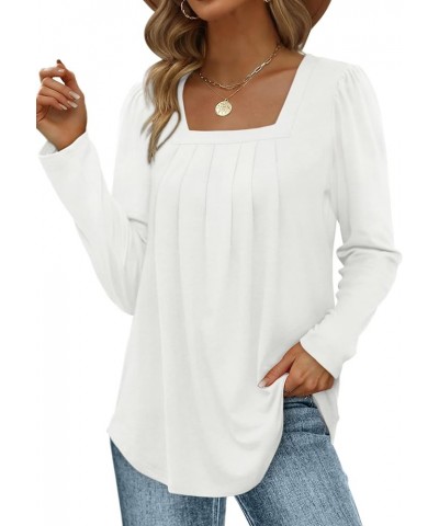 Women's Long Sleeve Tops Square Neck Tunic Tops Pleated Shirts Curved Hem Fashion 2023 13-white $11.20 Tops