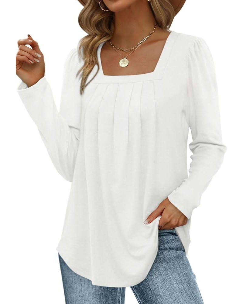 Women's Long Sleeve Tops Square Neck Tunic Tops Pleated Shirts Curved Hem Fashion 2023 13-white $11.20 Tops