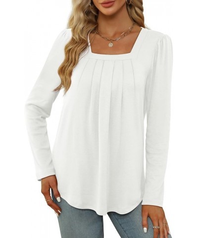 Women's Long Sleeve Tops Square Neck Tunic Tops Pleated Shirts Curved Hem Fashion 2023 13-white $11.20 Tops