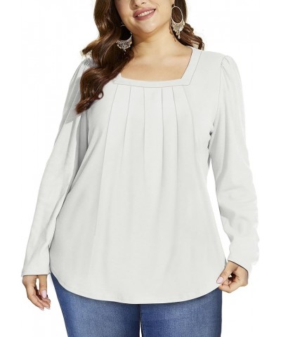 Women's Long Sleeve Tops Square Neck Tunic Tops Pleated Shirts Curved Hem Fashion 2023 13-white $11.20 Tops