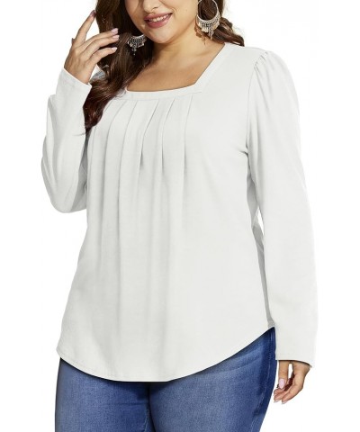 Women's Long Sleeve Tops Square Neck Tunic Tops Pleated Shirts Curved Hem Fashion 2023 13-white $11.20 Tops