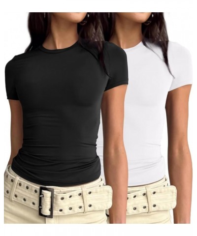 Womens 3 Piece Basic Going Out Crop Tops Short Sleeve Shirts Slim Fit Crew Neck Baby Tees 2024 Y2k Colthes Black,white $20.90...