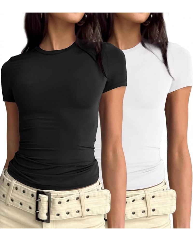 Womens 3 Piece Basic Going Out Crop Tops Short Sleeve Shirts Slim Fit Crew Neck Baby Tees 2024 Y2k Colthes Black,white $20.90...