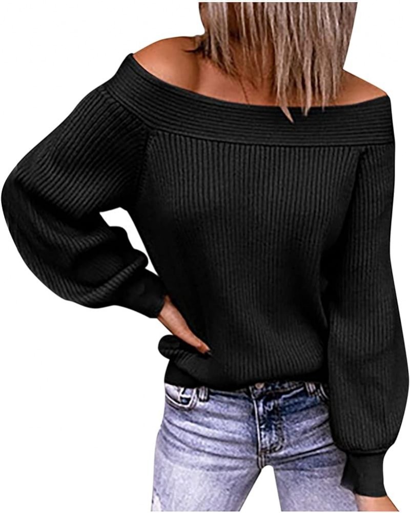 Women's Off Shoulders Sweater Cable Knit V Neck Jumper Long Sleeve Solid Color Sweater Trendy Pullover Blouse Tops Black $9.8...