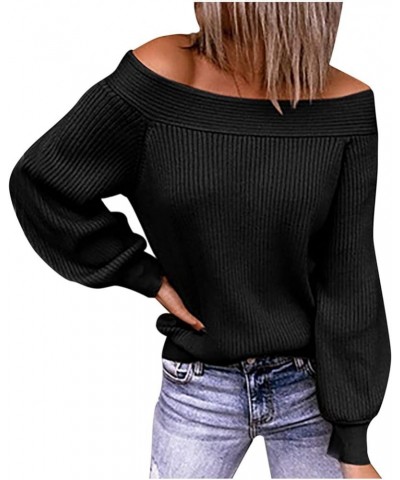 Women's Off Shoulders Sweater Cable Knit V Neck Jumper Long Sleeve Solid Color Sweater Trendy Pullover Blouse Tops Black $9.8...