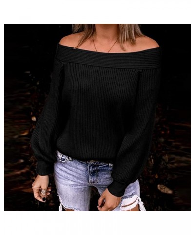 Women's Off Shoulders Sweater Cable Knit V Neck Jumper Long Sleeve Solid Color Sweater Trendy Pullover Blouse Tops Black $9.8...