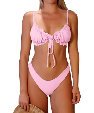 Women's Triangle Bikini Floral Ruffles Bow Tie Up Bikini Set Two Piece Swimsuit B-light Pink $15.96 Swimsuits